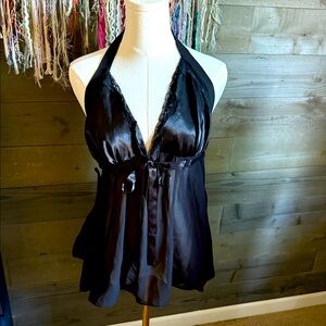 Elegant Black Satin Halter Babydoll teddy